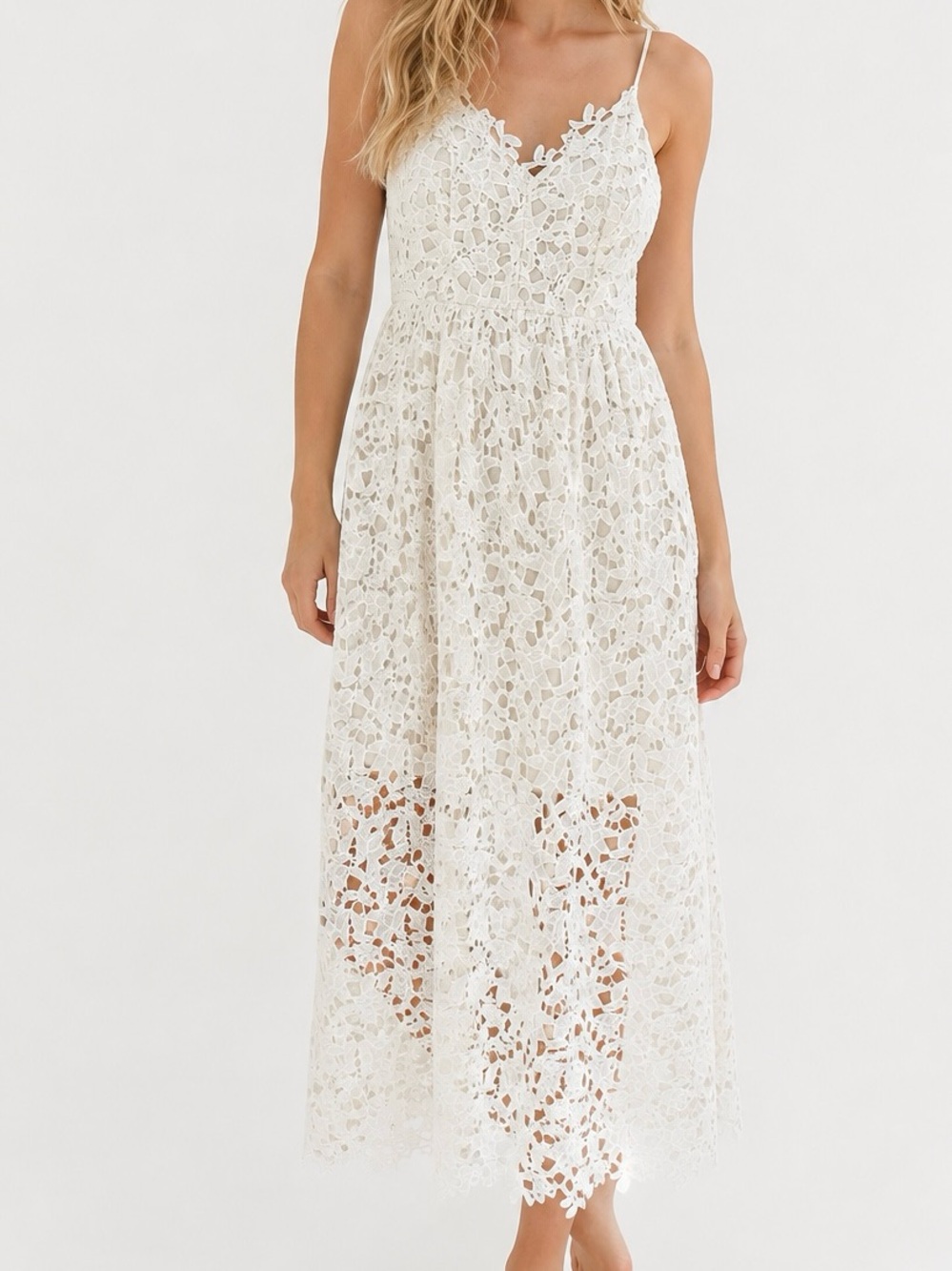 ASTR the Label White Lace A-Line Midi Dress XS Coquette Romantic Bridal